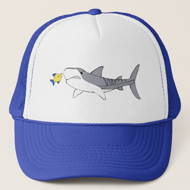Grumpy tiger shark and cute yellow fish trucker hat (Front)