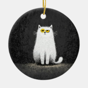 Grumpy White Cat – Funny Minimal Cat Art Ceramic Ornament