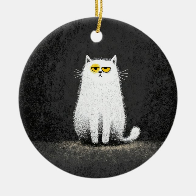 Grumpy White Cat – Funny Minimal Cat Art Ceramic Ornament (Front)