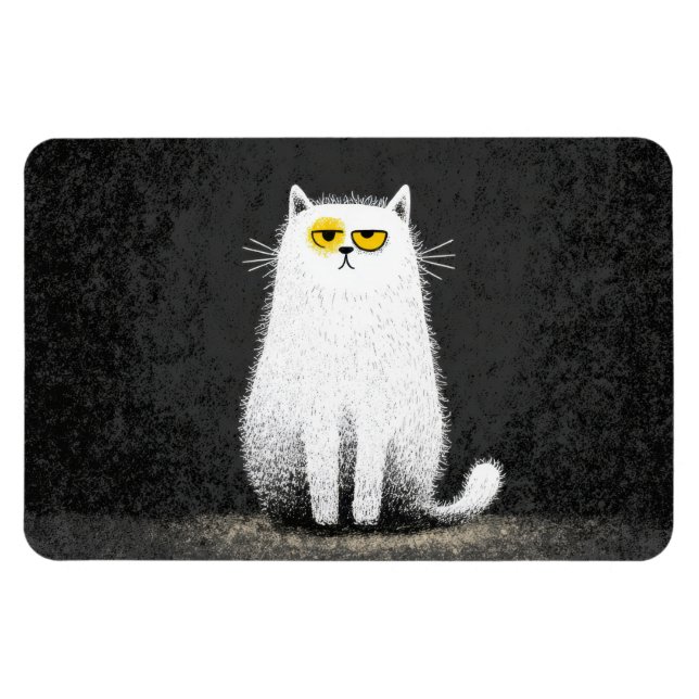 Grumpy White Cat – Funny Minimal Cat Art Magnet (Horizontal)