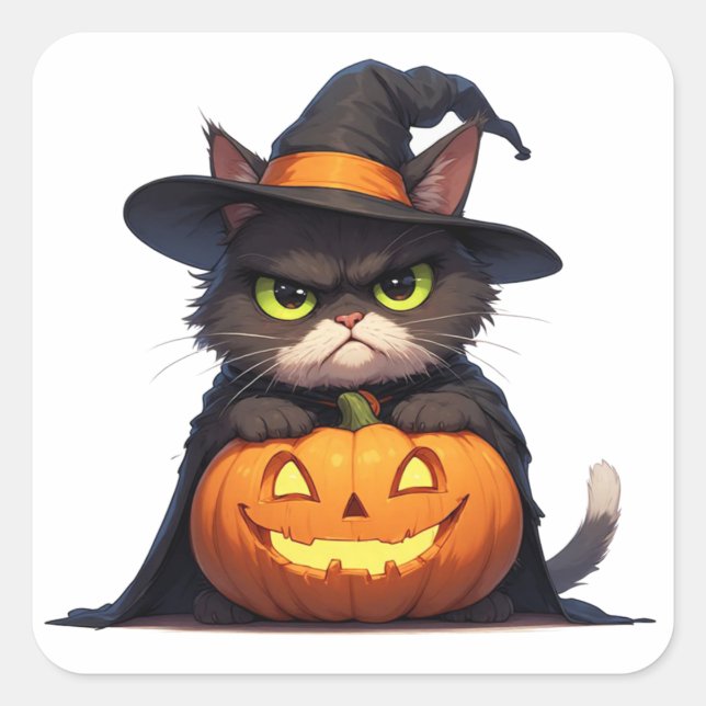 Grumpy Witch Cat And Jack O Lantern Halloween 🦇 Square Sticker (Front)