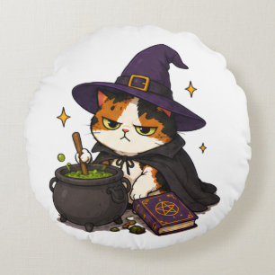 Grumpy Witch Cat Halloween  Round Cushion
