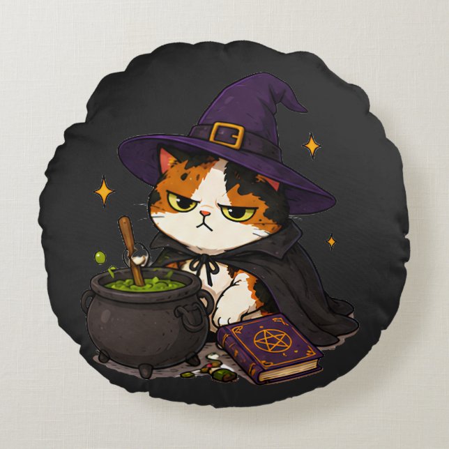 Grumpy Witch Cat Halloween  Round Cushion (Front)