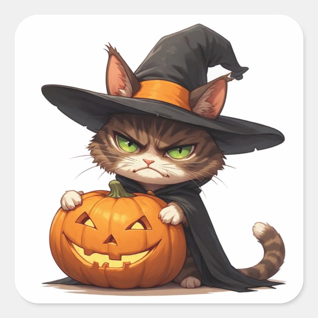 Grumpy Witch Cat With Pumpkin Halloween Fun 🎃 Square Sticker (Front)