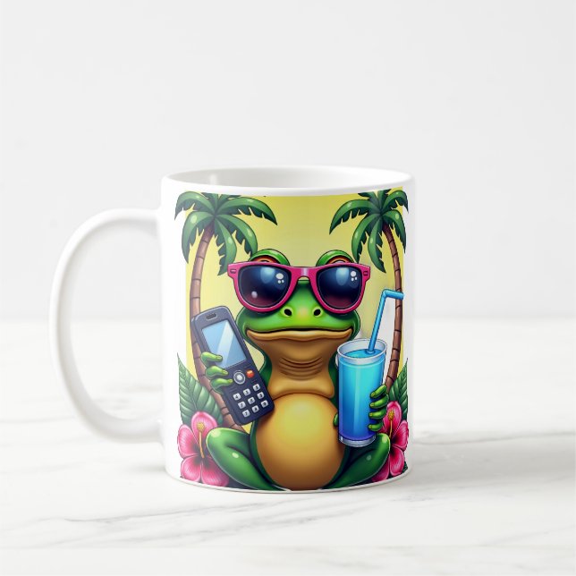 Grumpy Y2K Frog Retro Vaporwave Tropical Flip Phon Coffee Mug (Left)