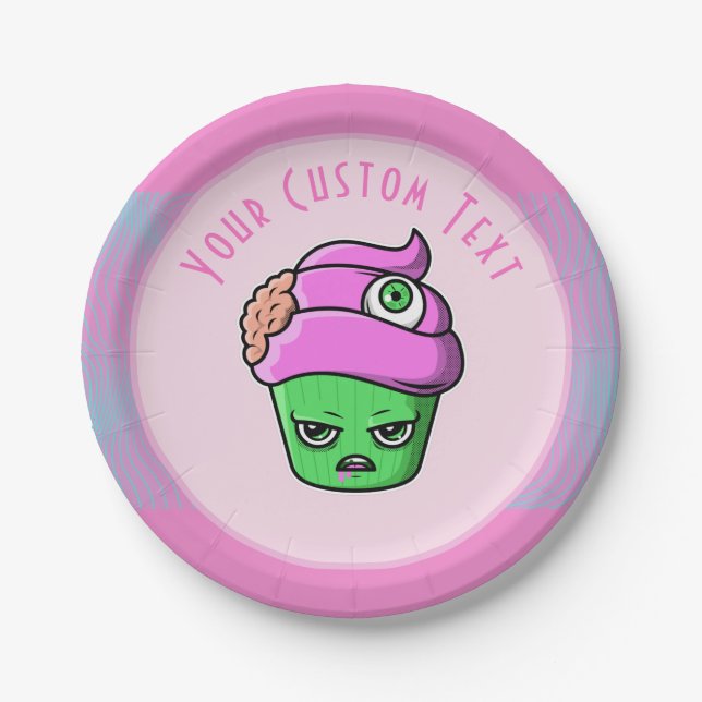 Grumpy Zombie Muffin Pink Brain Eyeball Halloween  Paper Plate (Front)