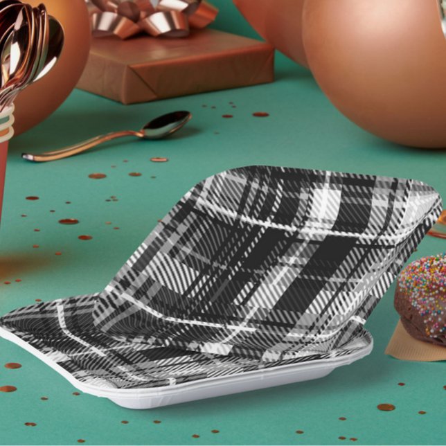 Grunde Black White Flannel Plaid Tartan Design  Paper Plate (Creator Uploaded)