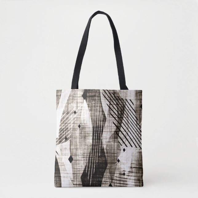 Grunge abstract geometric striped beige black tote bag (Front)