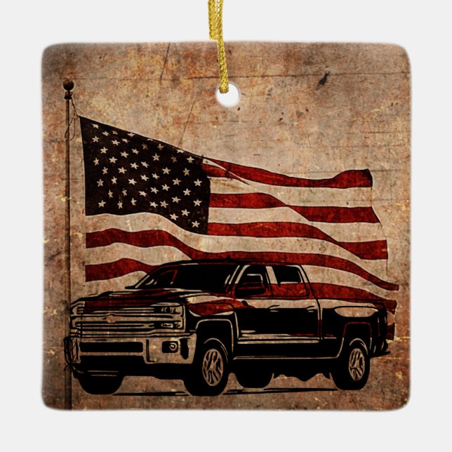 Grunge American Flag and Black Truck Patriotic Ceramic Ornament (Front)