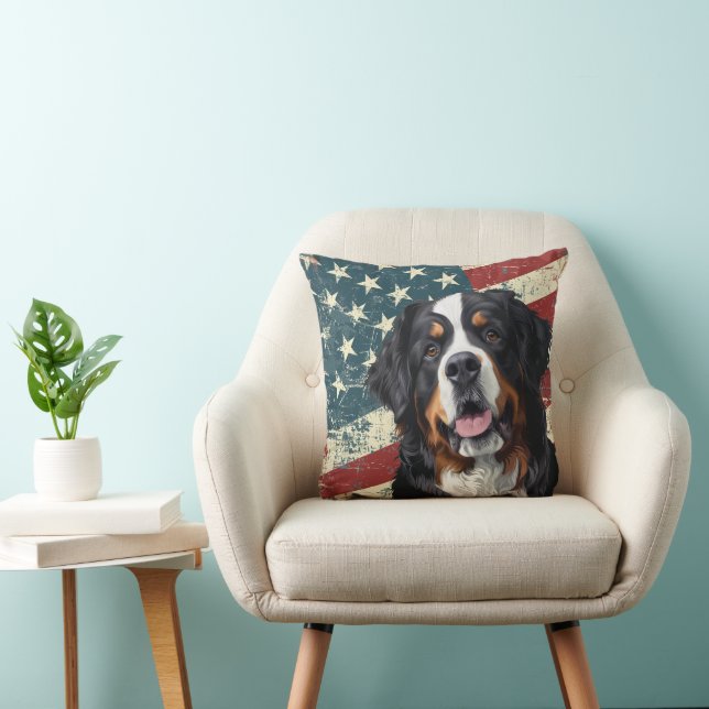 Grunge American Flag Bernese Mountain Dog Cushion (Chair)