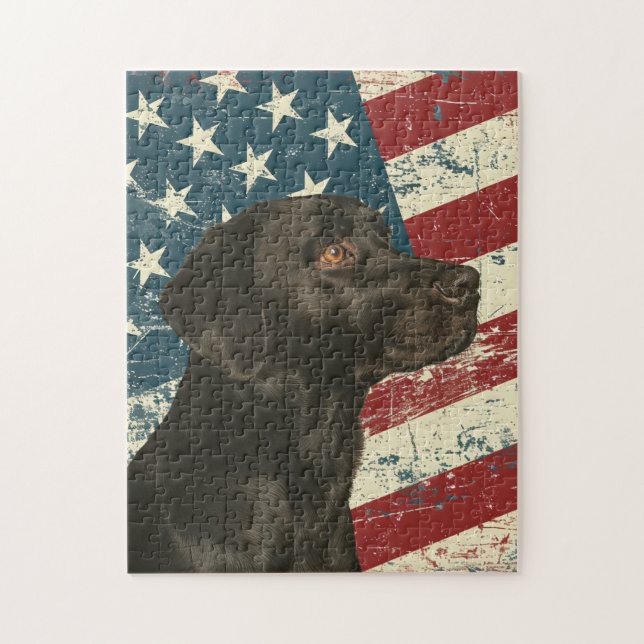 Grunge American Flag Black Labrador Retriever Dog Jigsaw Puzzle (Vertical)