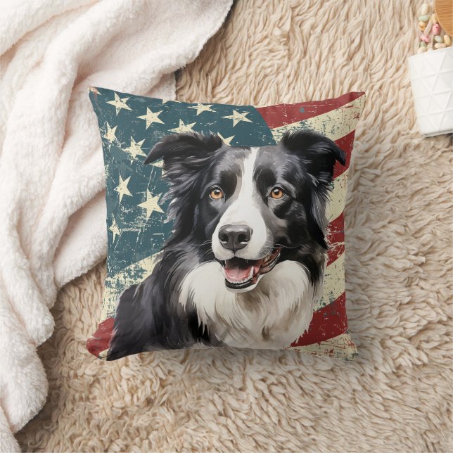 Grunge American Flag Border Collie Dog Cushion (Blanket)