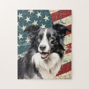 Grunge American Flag Border Collie Dog Jigsaw Puzzle