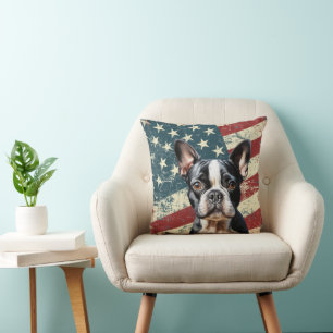 Grunge American Flag Boston Terrier Dog Cushion