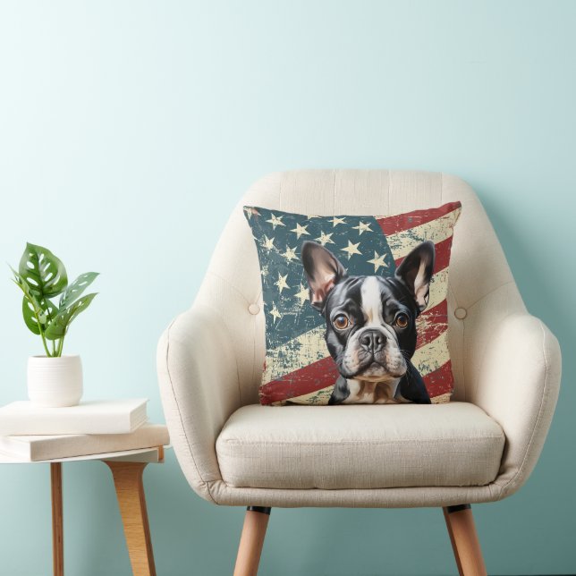 Grunge American Flag Boston Terrier Dog Cushion (Chair)