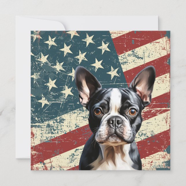 Grunge American Flag Boston Terrier Dog Flat Card (Front)