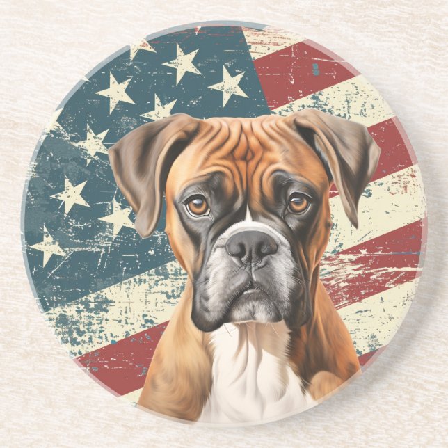 Grunge American Flag Boxer Dog Coaster (Front)