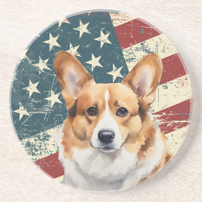 Grunge American Flag Corgi Dog Coaster (Front)