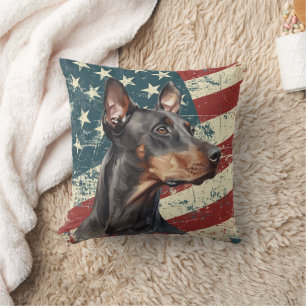 Grunge American Flag Doberman Pinscher Dog Cushion