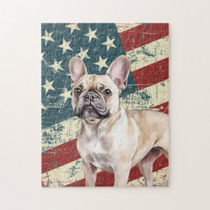 Grunge American Flag Fawn Tan French Bulldog Jigsaw Puzzle