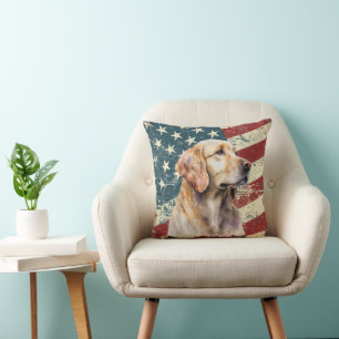 Grunge American Flag Golden Retriever Dog Cushion
