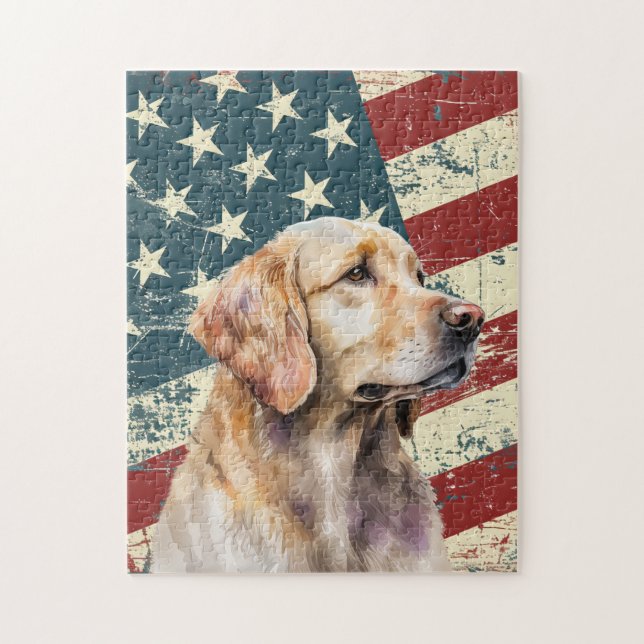 Grunge American Flag Golden Retriever Dog Jigsaw Puzzle (Vertical)