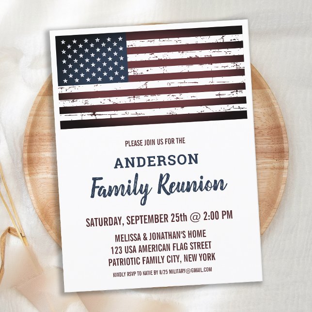 Grunge American Flag Patriotic Family Reunion Invitation Postcard (Creator Uploaded)