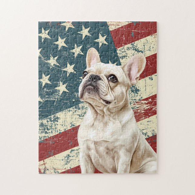 Grunge American Flag White French Bulldog Jigsaw Puzzle (Vertical)