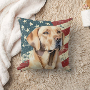 Grunge American Flag Yellow Lab Retriever Dog Cushion