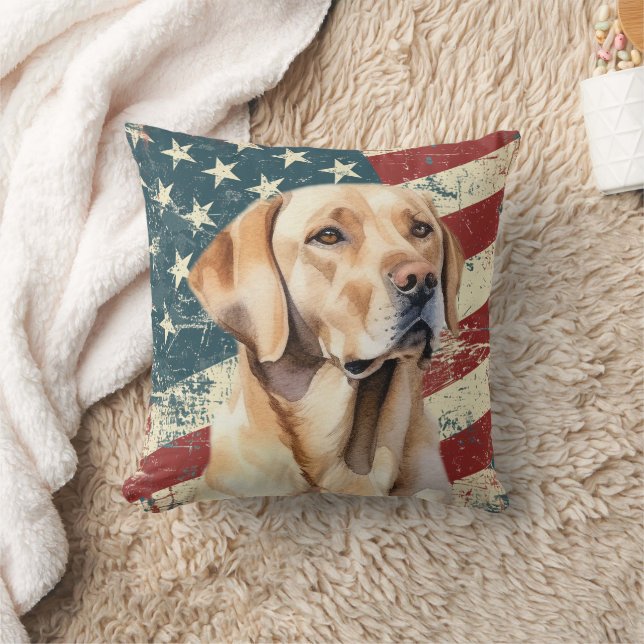 Grunge American Flag Yellow Lab Retriever Dog Cushion (Blanket)
