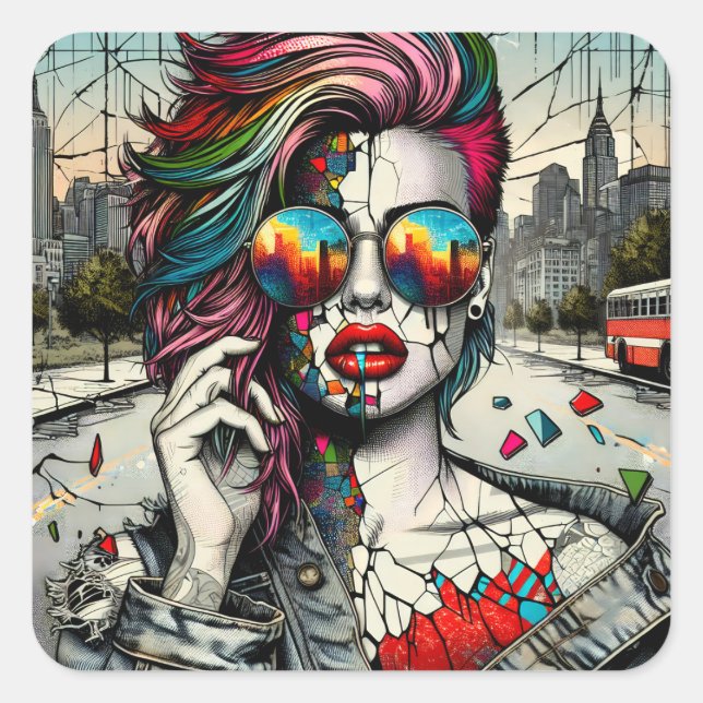 Grunge Art | Fractured Woman Abstract Square Sticker (Front)