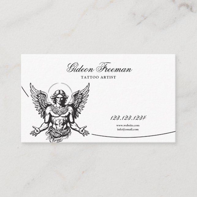 Grunge Black and White Angel Tattoo Artist Business Card (Front)