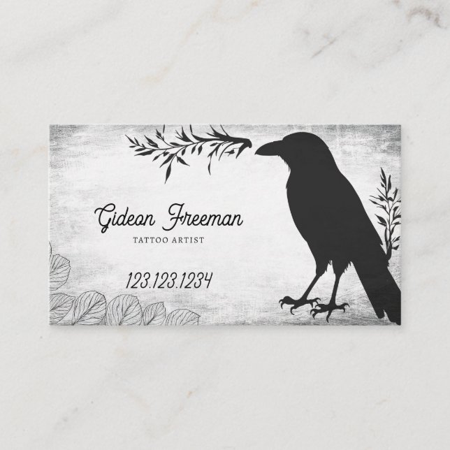 Grunge Black and White Crow Tattoo Artist Business Card (Front)