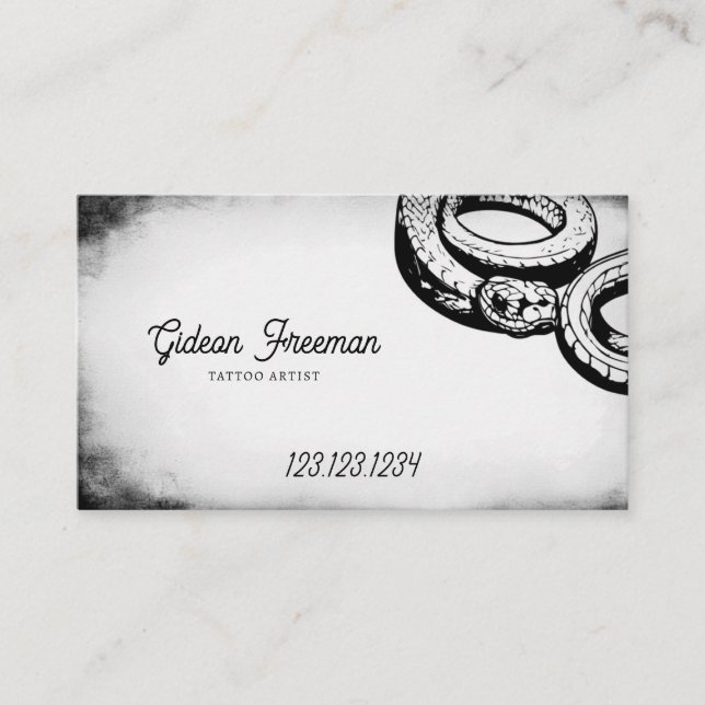 Grunge Black and White Snake Tattoo Shop Business Card (Front)
