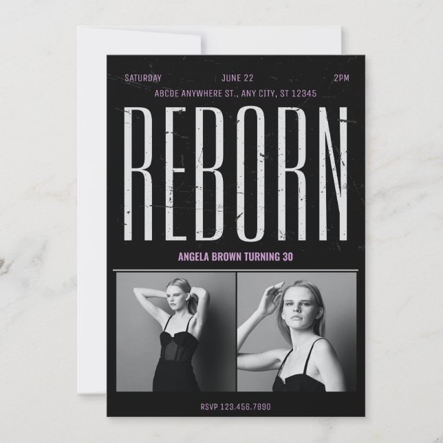 Grunge black birthday reborn  invitation (Front)