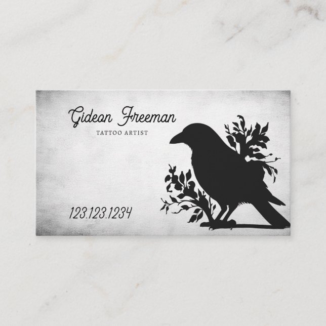 Grunge Black & White Crow Tattoo Artist Business Card (Front)