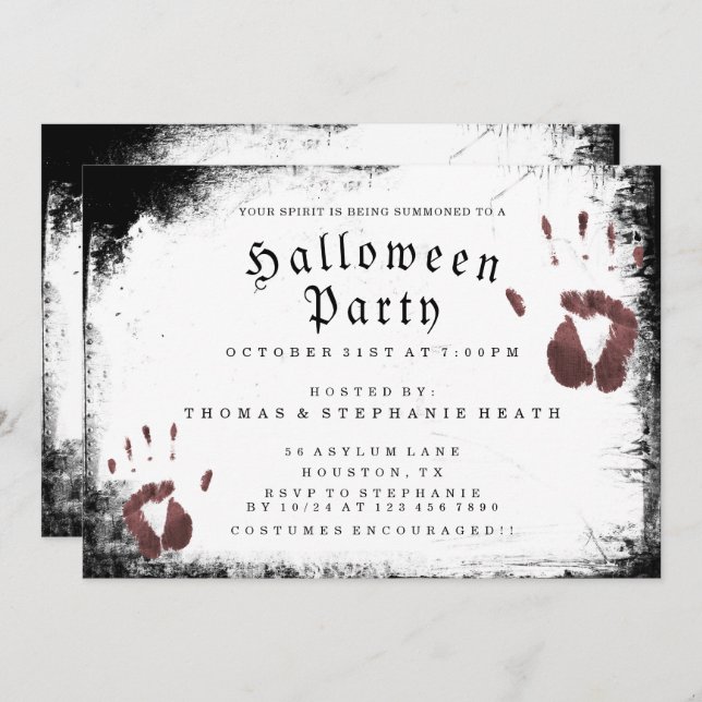 Grunge Bloody Hand Prints Halloween Party Invitation (Front/Back)
