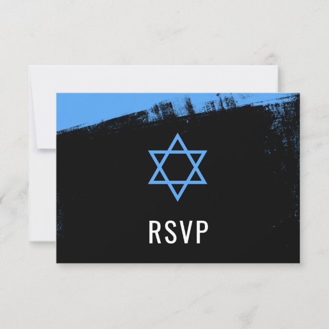 Grunge Blue Black Bar Mitzvah RSVP Card (Front)