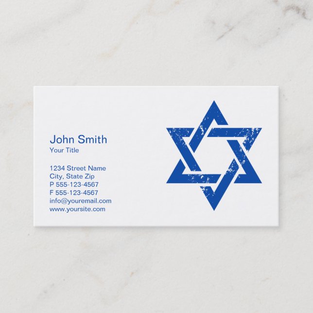 Grunge Blue Star of David Business Card Template (Front)