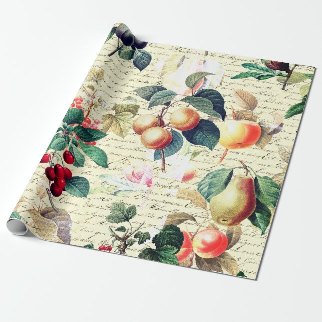 Grunge Botanical Vintage Fruit with Script Wrapping Paper (Unrolled)