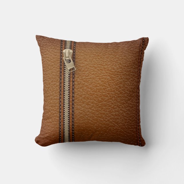 grunge bronze zipper brown stitched leather cushion (Front)
