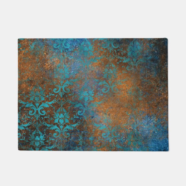 Grunge Brown Blue Floral Decorative Luxury Pattern Doormat (Front)