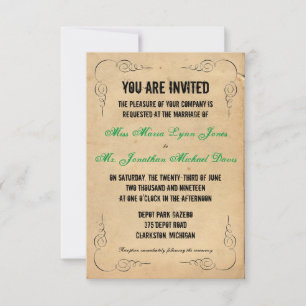 Grunge Brown Paper 3x5 Wedding Invitation Green