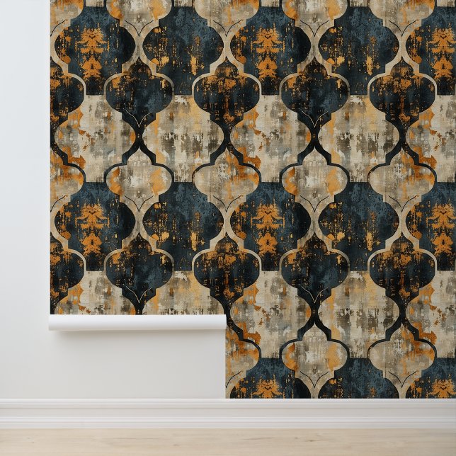 Grunge brush damask pattern in black, beige, brown wallpaper (Application)