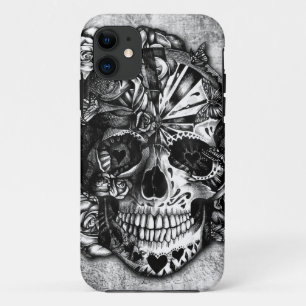 Grunge Candy sugar skull in black and white. iPhone 11 Case