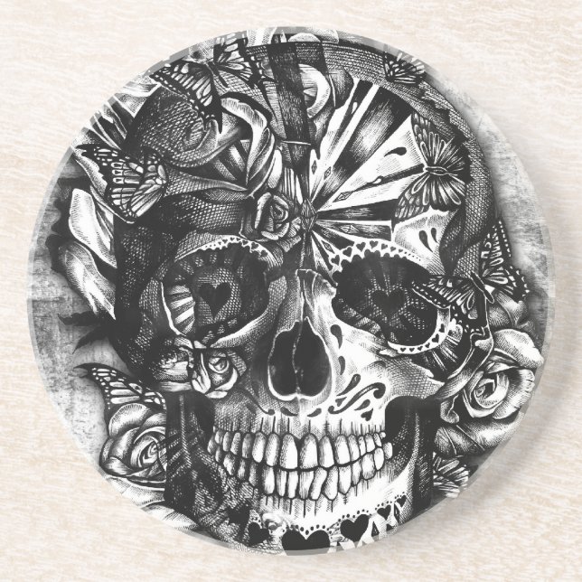 Grunge Candy sugar skull in black and white. Coaster (Front)
