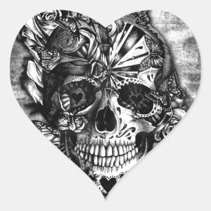 Grunge Candy sugar skull in black and white. Heart Sticker