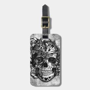 Grunge Candy sugar skull in black and white. Luggage Tag