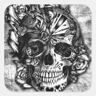 Grunge Candy sugar skull in black and white. Square Sticker
