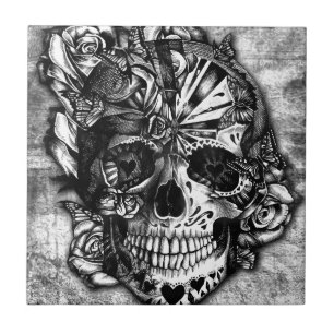 Grunge Candy sugar skull in black and white. Tile